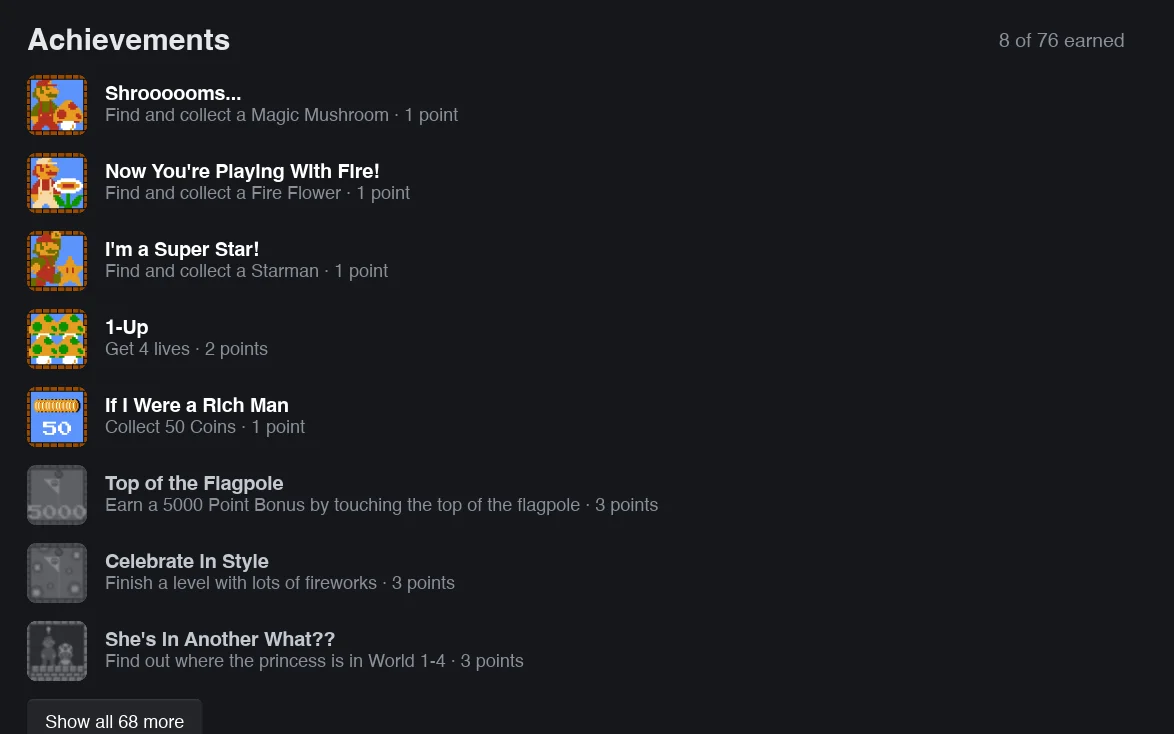 A list of Super Mario Bros. achievements, 8 of 76 earned