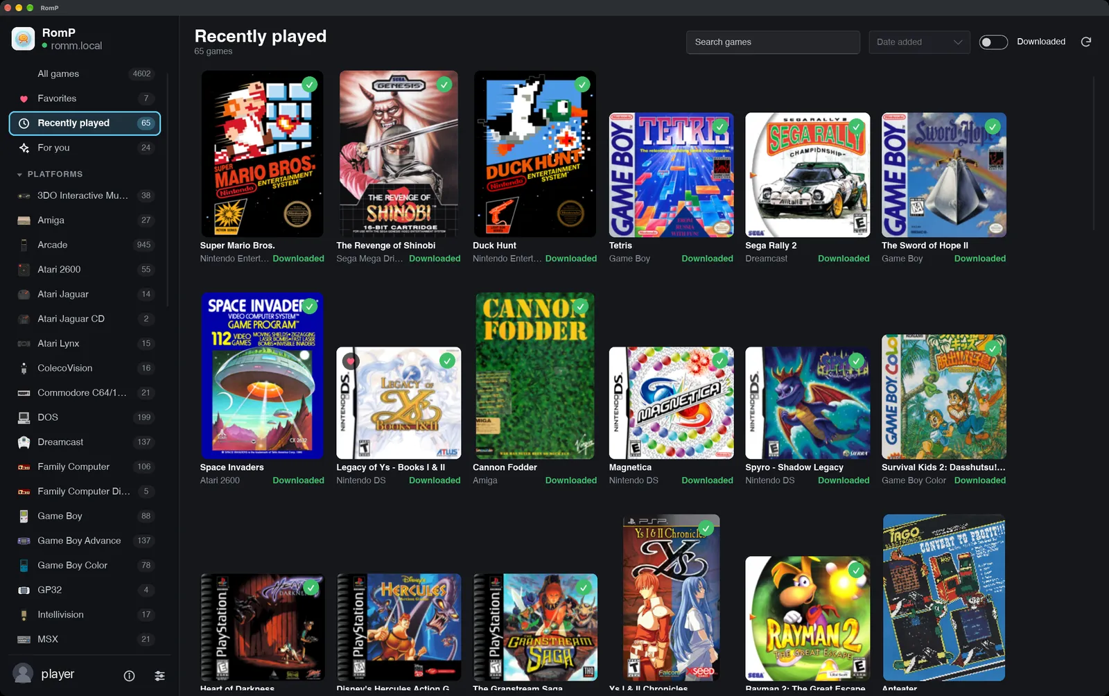 The RomP library, showing recently played games from many consoles