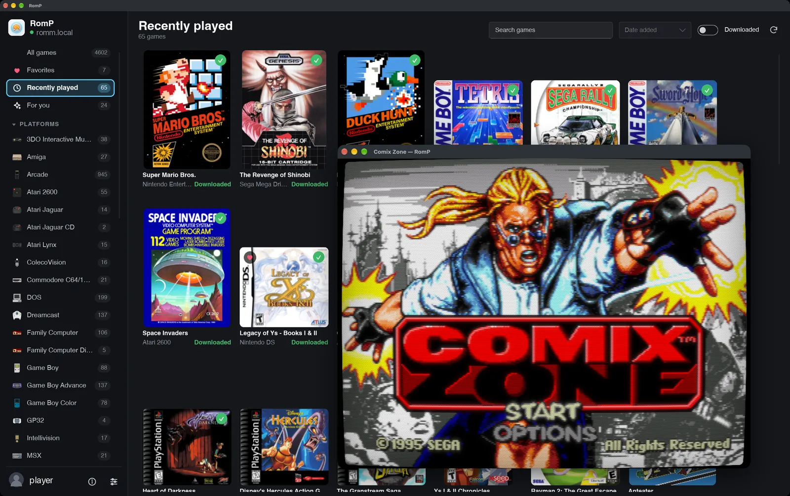 Comix Zone running in its own window over the RomP library