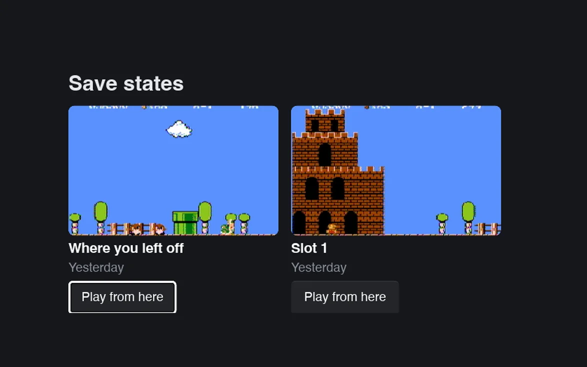 Two save states with a picture of the game